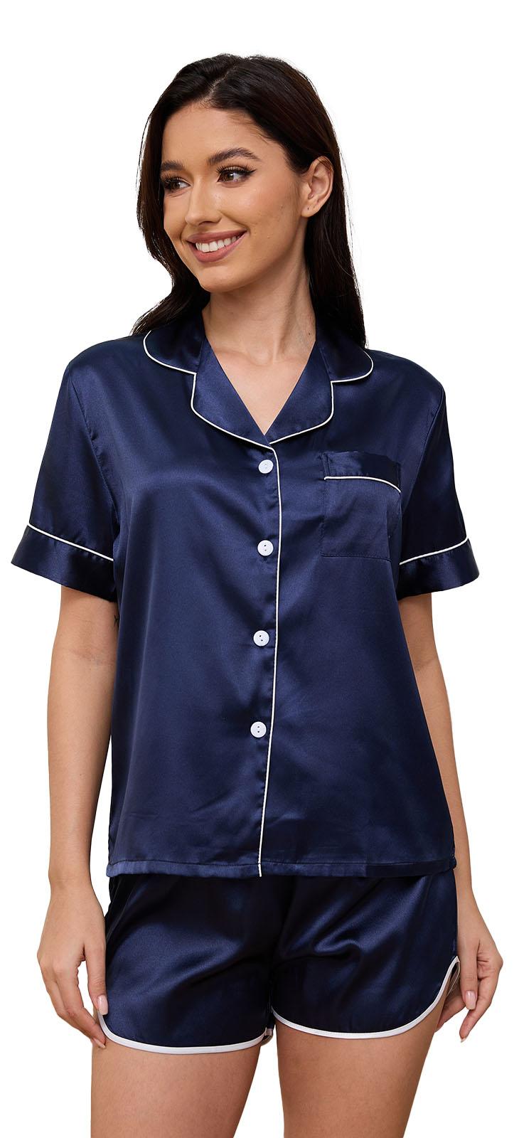 Silk Satin Pajama Set for Women, PUTUO 2 Piece Womens Pajama sets, Summer Soft Button Down Loungewear Pajama Shorts Set