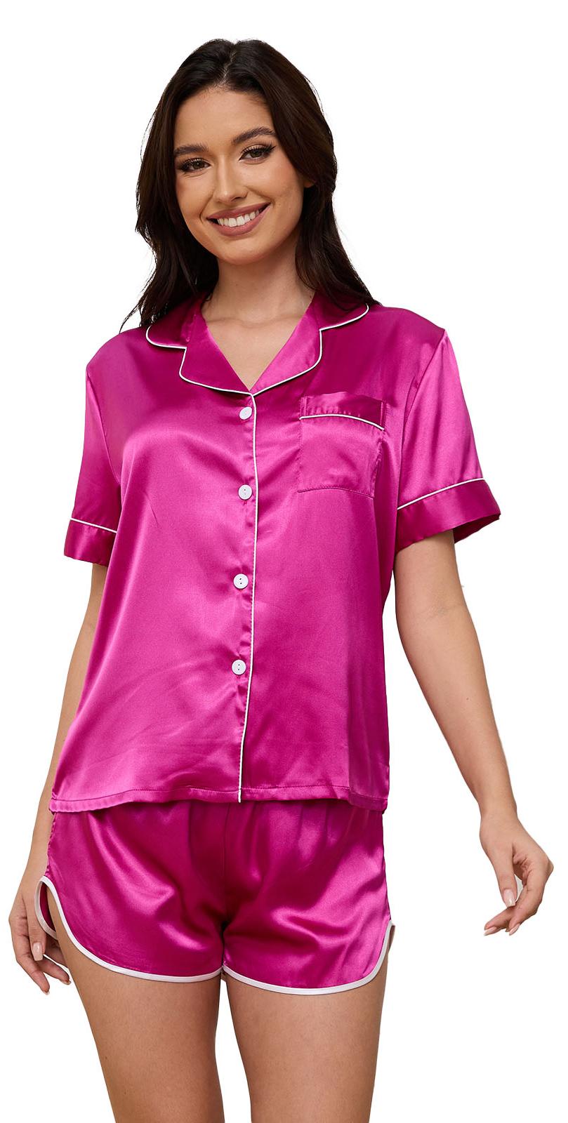 Silk Satin Pajama Set for Women, PUTUO 2 Piece Womens Pajama sets, Summer Soft Button Down Loungewear Pajama Shorts Set
