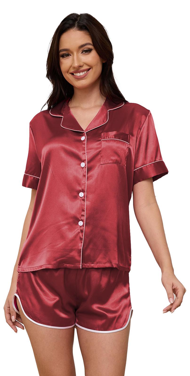 Silk Satin Pajama Set for Women, PUTUO 2 Piece Womens Pajama sets, Summer Soft Button Down Loungewear Pajama Shorts Set