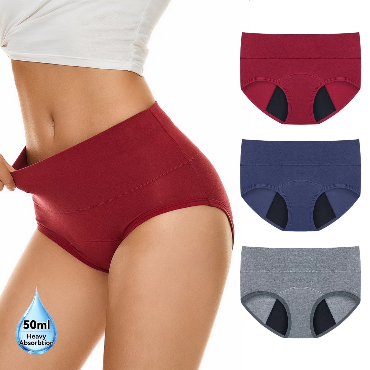 PUTUO Period Underwear for Women, Leakproof High Waisted Cotton Period Panties, Soft Breathable Postpartum Maternity Menstrual Underwear with Full Coverage Protection, 3 Pack