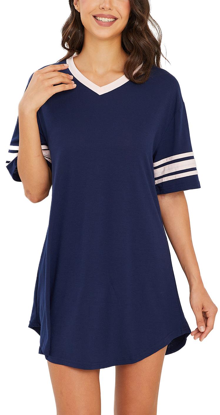 Nightgowns for Women, PUTUO Womens Nightgown, Loose Casual Short Sleeve V Neck Sleepwear Color Block Sleep Shirt