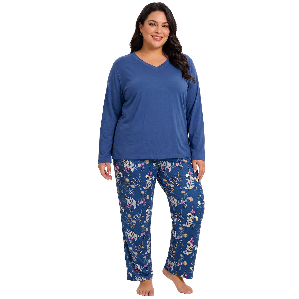 Plus Size Pajamas, PUTUO Women Pajamas Sets for Women, Soft Lightweight Long Sleeve V Neck Pjs Sets, Stretchy Print Sleepwear Loungewear