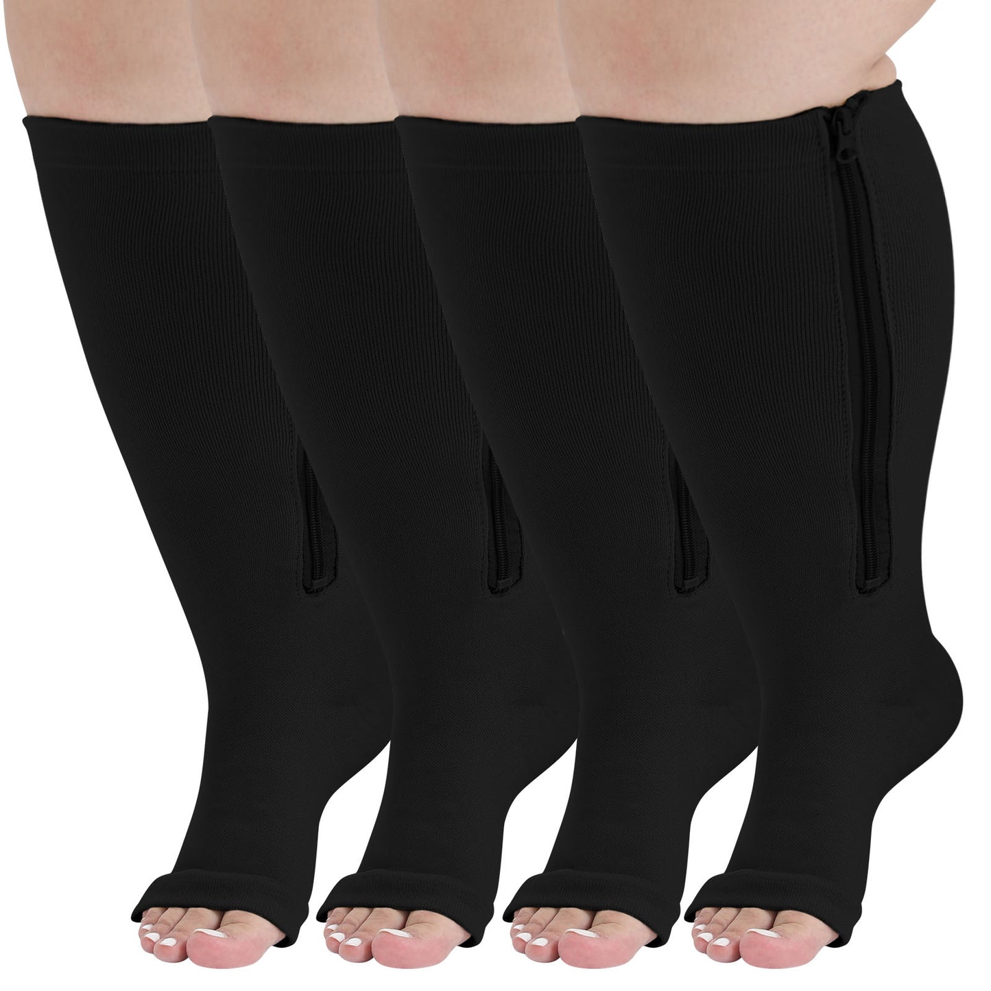 2 Zipper Open Toe Compression Socks, PUTUO Compression Socks for Women and Men, Plus Size Wide Calf Circulation Pressure Support Stockings 20-30 mmhg