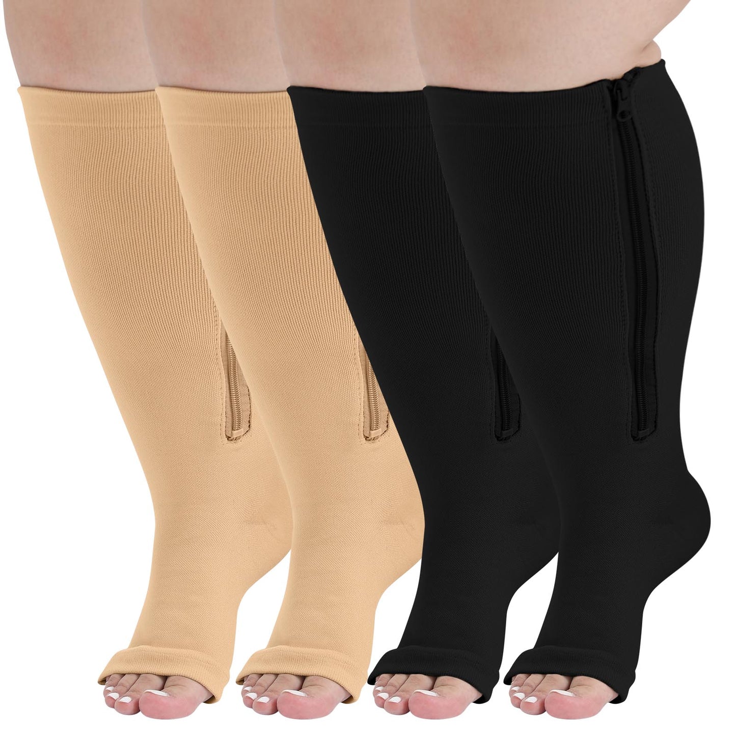 2 Zipper Open Toe Compression Socks, PUTUO Compression Socks for Women and Men, Plus Size Wide Calf Circulation Pressure Support Stockings 20-30 mmhg