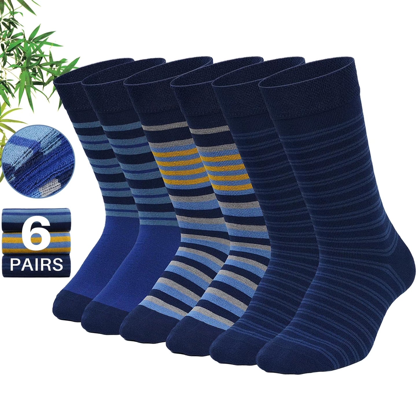Mens Dress Socks, PUTUO Bamboo Viscose Dress Socks for Men, Seamless Striped Casual Socks for Business 6-Pair