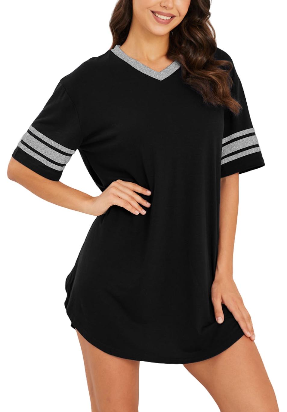 Nightgowns for Women, PUTUO Womens Nightgown, Loose Casual Short Sleeve V Neck Sleepwear Color Block Sleep Shirt