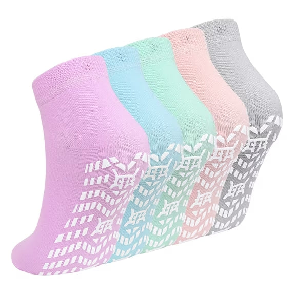 Grip Socks for Women, PUTUO Cotton Non Slip Yoga Sock, Breathable Seamless Gripper Socks for Athletic Pilates Ballet Workout Hospital, 5 Pairs