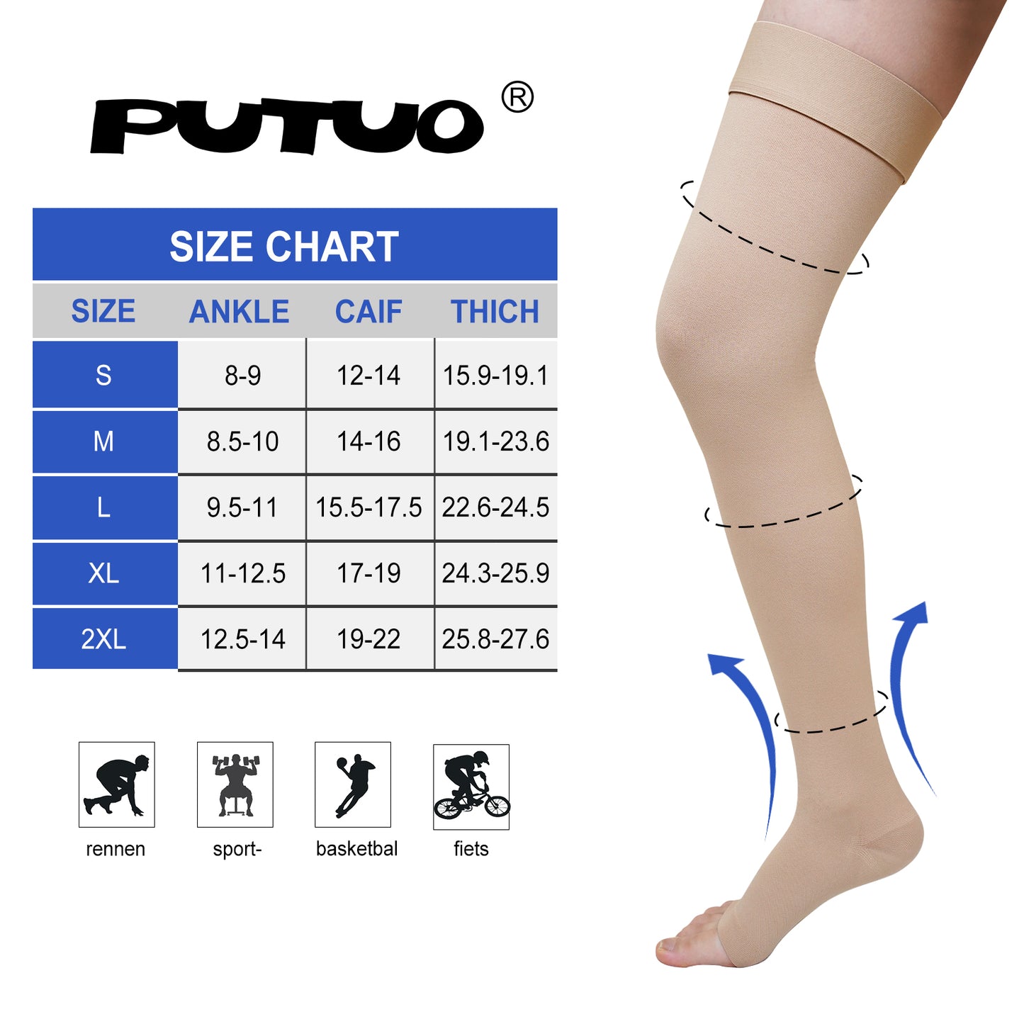 1 Pair 20-30 mmhg Compression Socks for Women, PUTUO Open Toe Thigh High Compression Socks for Women and Men, for Varicose Veins Running Nursing Sports