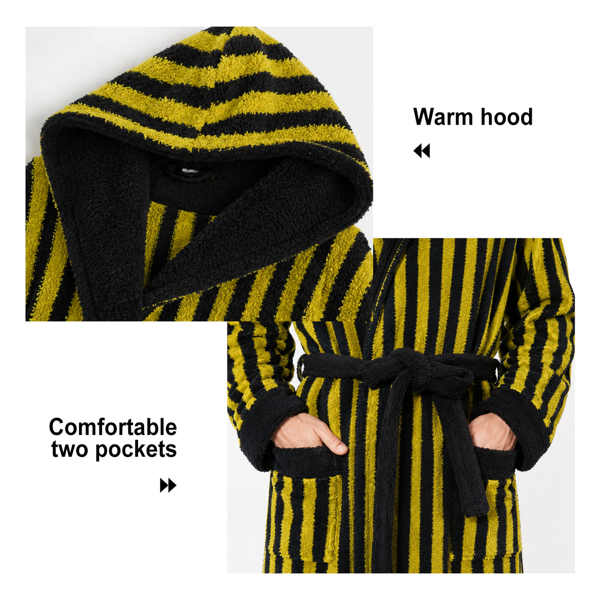 Robes for Men, PUTUO Mens Robe with Hood, Warm Soft Fluffy Long Bath | Color Block Striped Robe for Men with Pocket and Belt for Male Father Husband Festival Winter Gifts