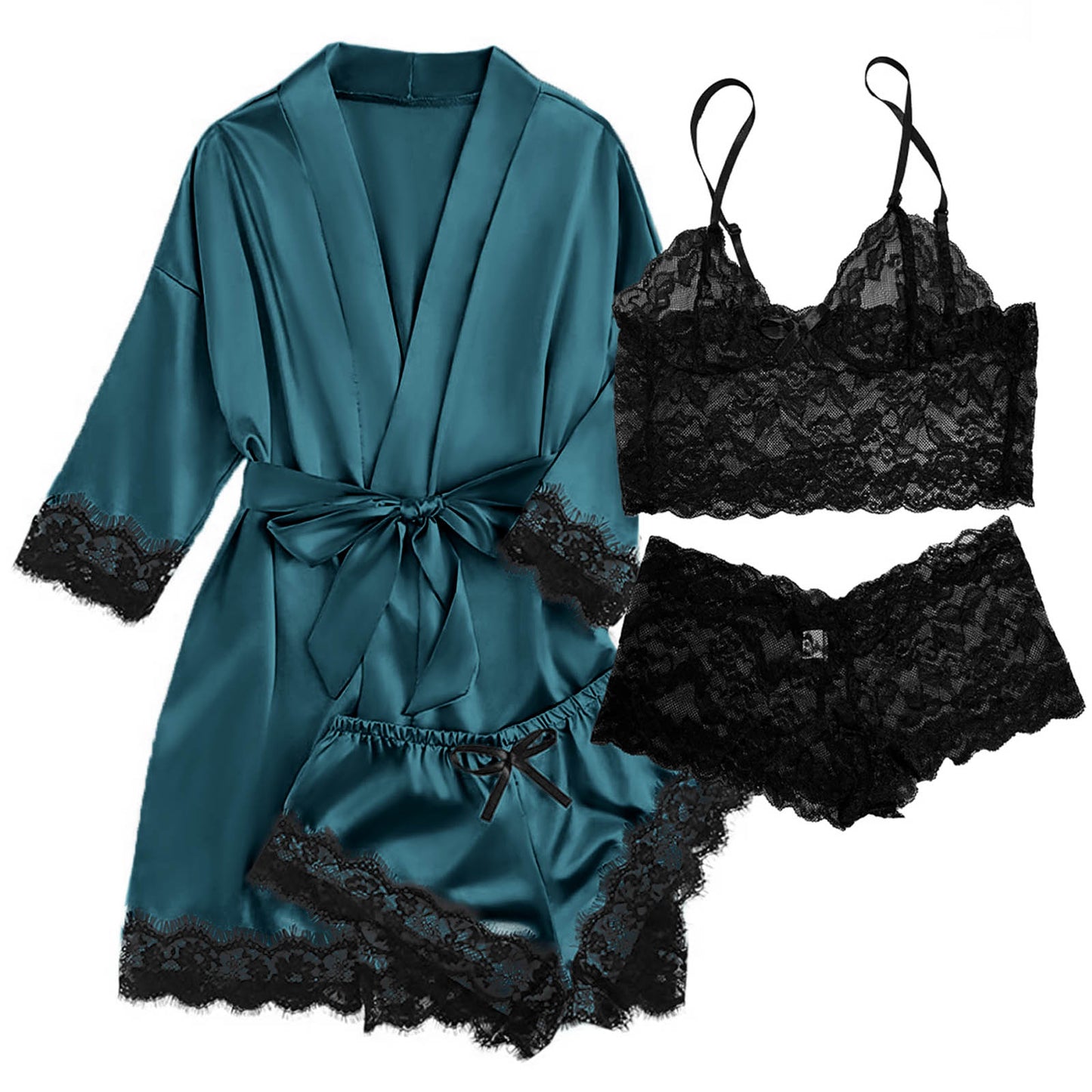 Satin Pajamas for Women, PUTUO Womens Lingerie Floral Lace Trim Cami with Robe, Pajama Sets for Women 4pcs Sleepwear