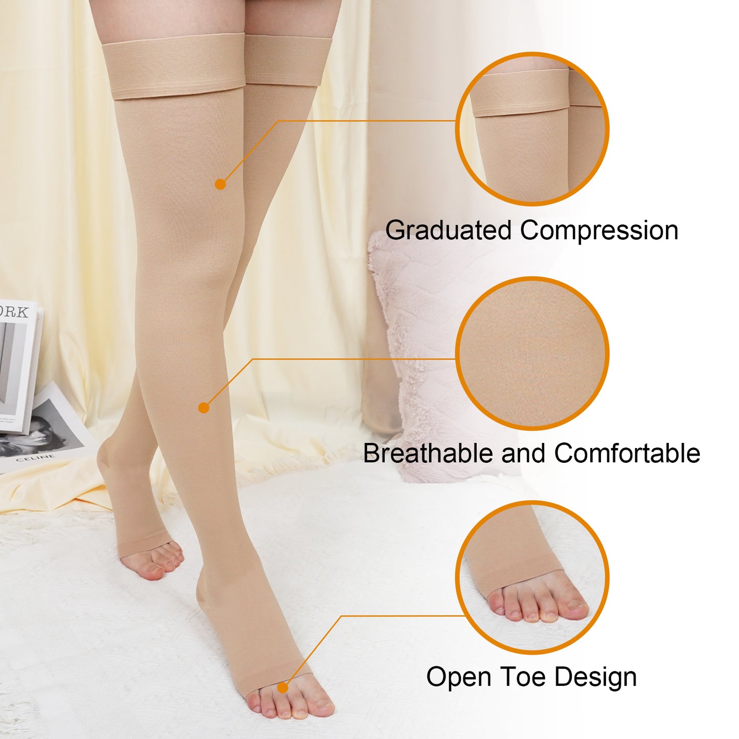 1 Pair 20-30 mmhg Compression Socks for Women, PUTUO Open Toe Thigh High Compression Socks for Women and Men, for Varicose Veins Running Nursing Sports