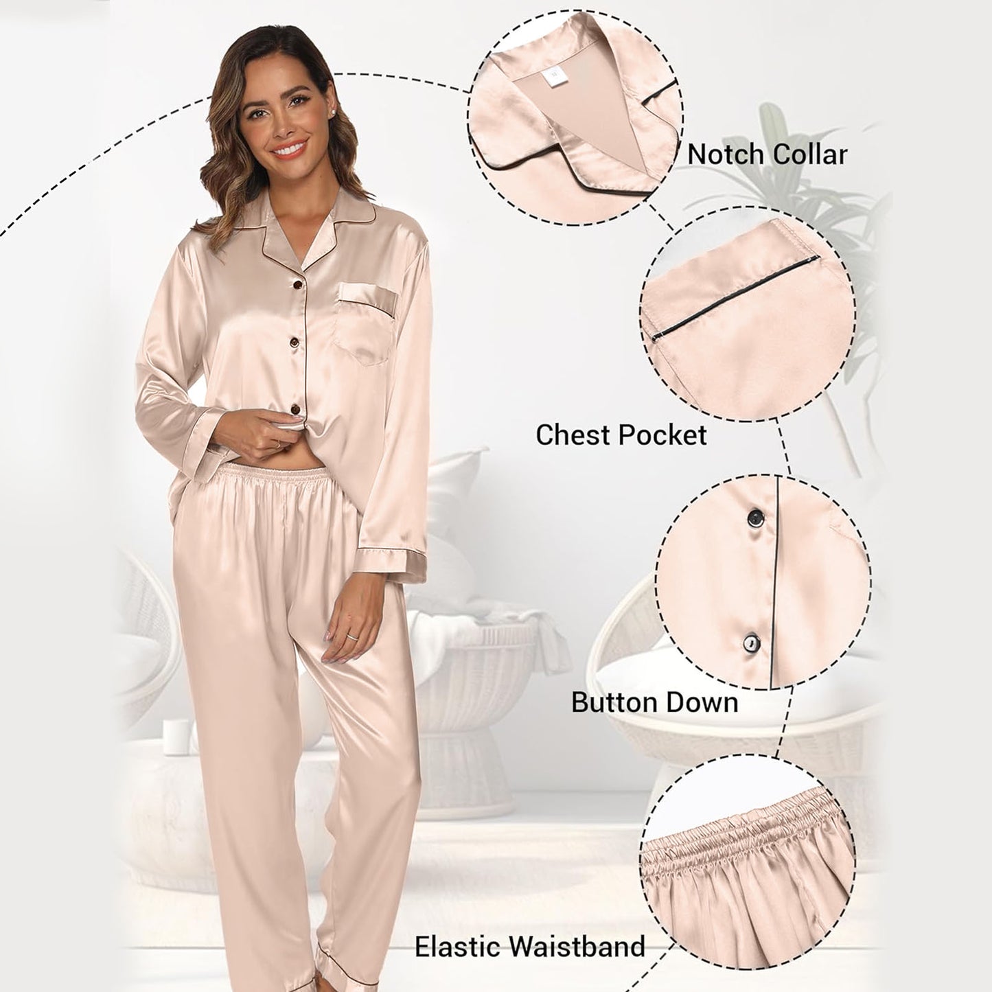 PUTUO Elegant Women's Satin Long-Sleeve Pajama Set - Soft, All-Season Comfort with V-Neck Perfect for Lounging
