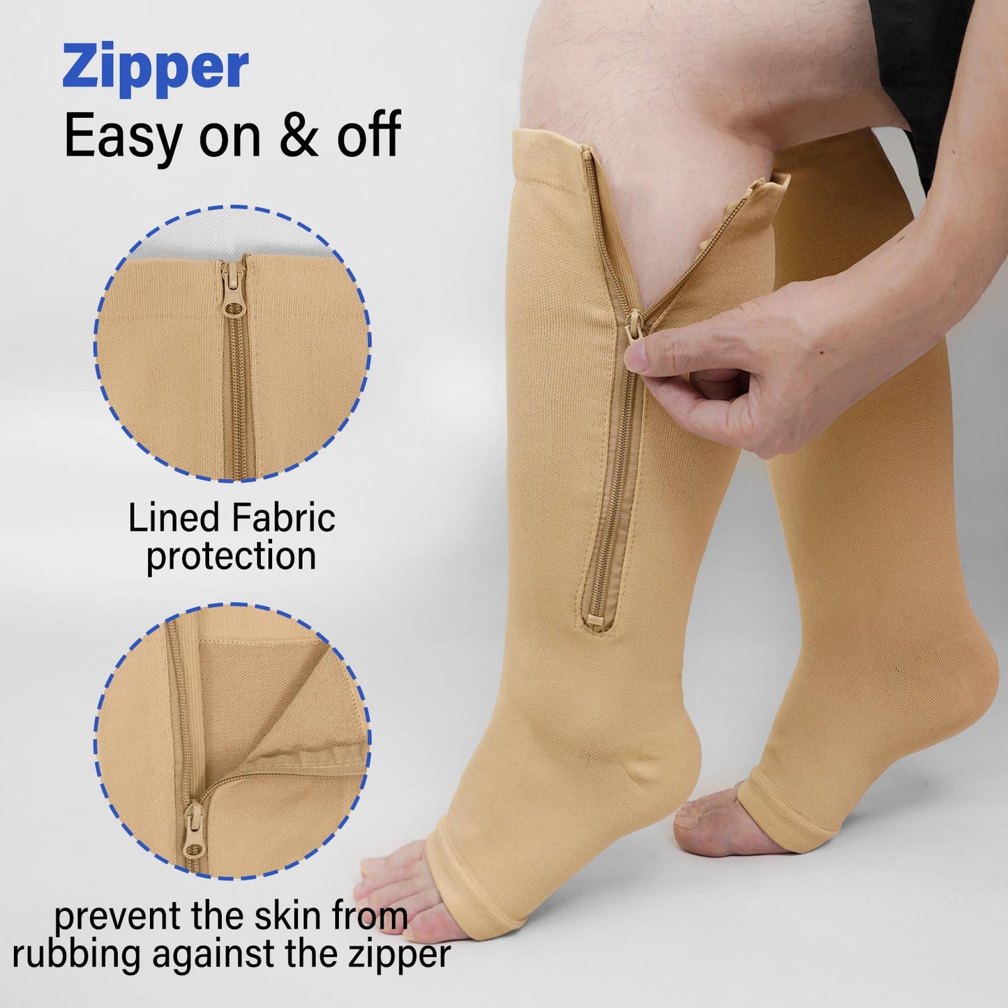 2 Zipper Open Toe Compression Socks, PUTUO Compression Socks for Women and Men, Plus Size Wide Calf Circulation Pressure Support Stockings 20-30 mmhg