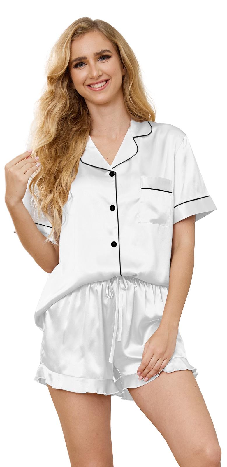 Satin Pajamas for Women, PUTUO Womens Pajama sets, Ruffle Soft Short Sleeve Shorts Set Button Down Pajama Set