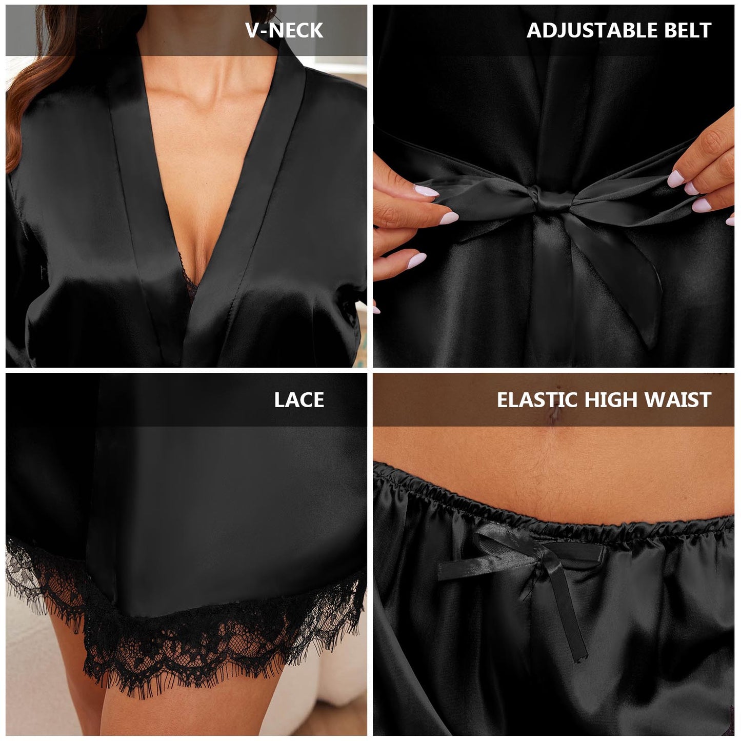 Satin Pajamas for Women, PUTUO Womens Lingerie Floral Lace Trim Cami with Robe, Pajama Sets for Women 4pcs Sleepwear