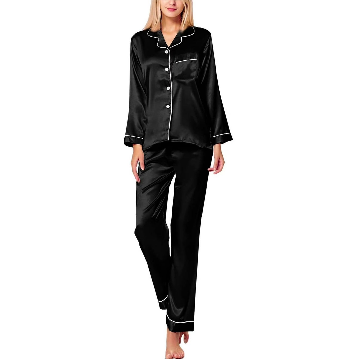 Womens Silk Satin Pajamas, PUTUO 2PC Womens Pajama Sets, Soft Long Sleeve Pajamas for Women Button Down Silk Satin Loungewear Set with Pockets