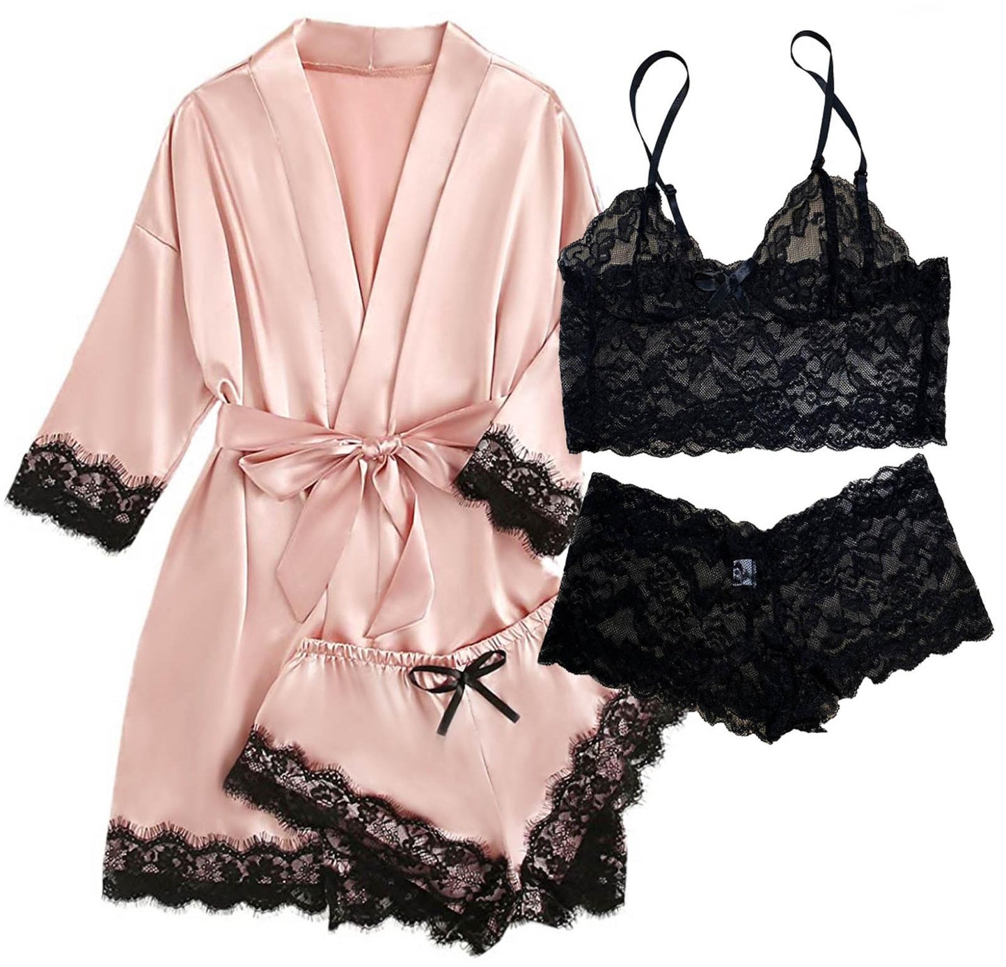 Satin Pajamas for Women, PUTUO Womens Lingerie Floral Lace Trim Cami with Robe, Pajama Sets for Women 4pcs Sleepwear