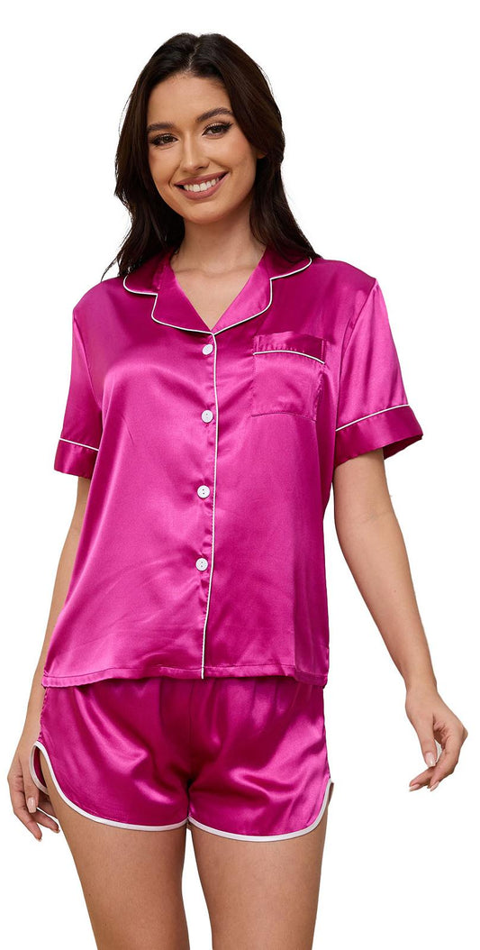 Silk Satin Pajama Set for Women, PUTUO 2 Piece Womens Pajama sets, Summer Soft Button Down Loungewear Pajama Shorts Set
