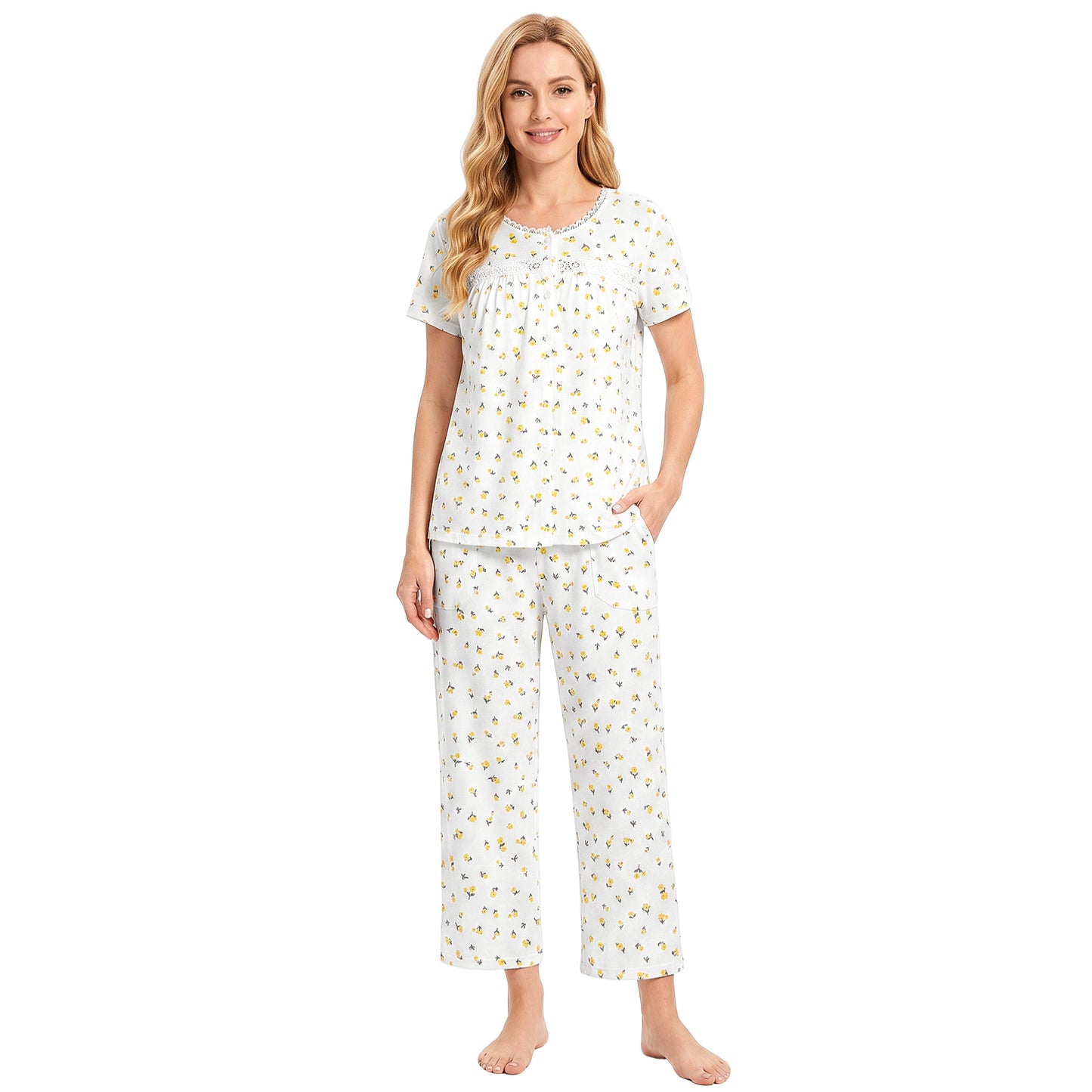 Pajamas for Women, PUTUO Womens Pajama Sets, Soft Summer Sleepwear Round Neck Short Sleeve Top and Capri Pants with Pockets