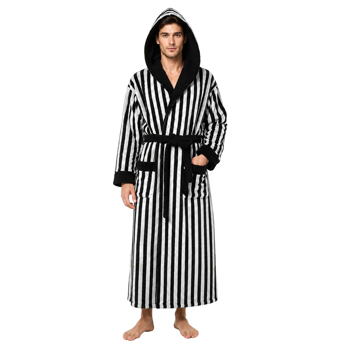 Robes for Men, PUTUO Mens Robe with Hood, Warm Soft Fluffy Long Bath | Color Block Striped Robe for Men with Pocket and Belt for Male Father Husband Festival Winter Gifts