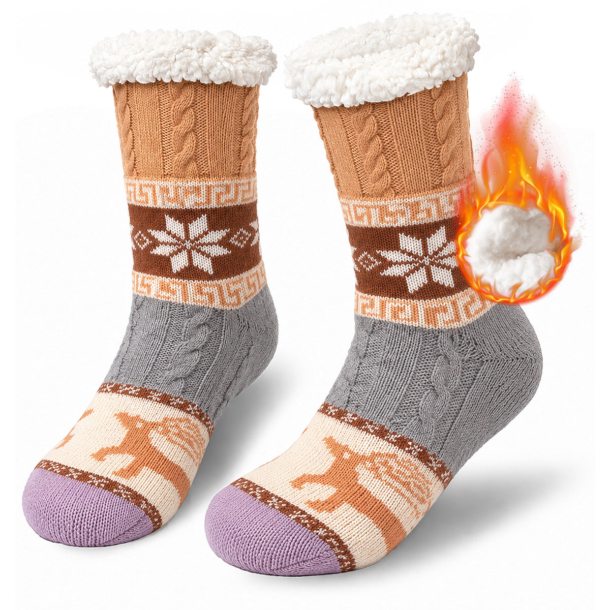 Fuzzy Slipper Socks for Women, PUTUO Warm Non Slip Grip Socks Sherpa-Lined Thick Cozy Fluffy Mid Calf Winter Home Socks