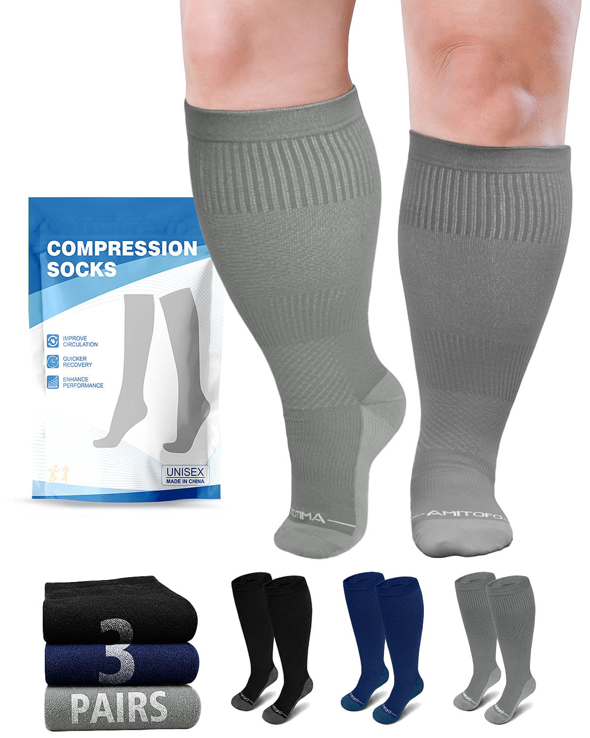 Plus Size Compression Socks, PUTUO Wide Calf Compression Socks 20-30 mmHg for Men Women - Knee High Sports & Health Socks for Varicose Veins Swelling and Circulation, 3 Pack