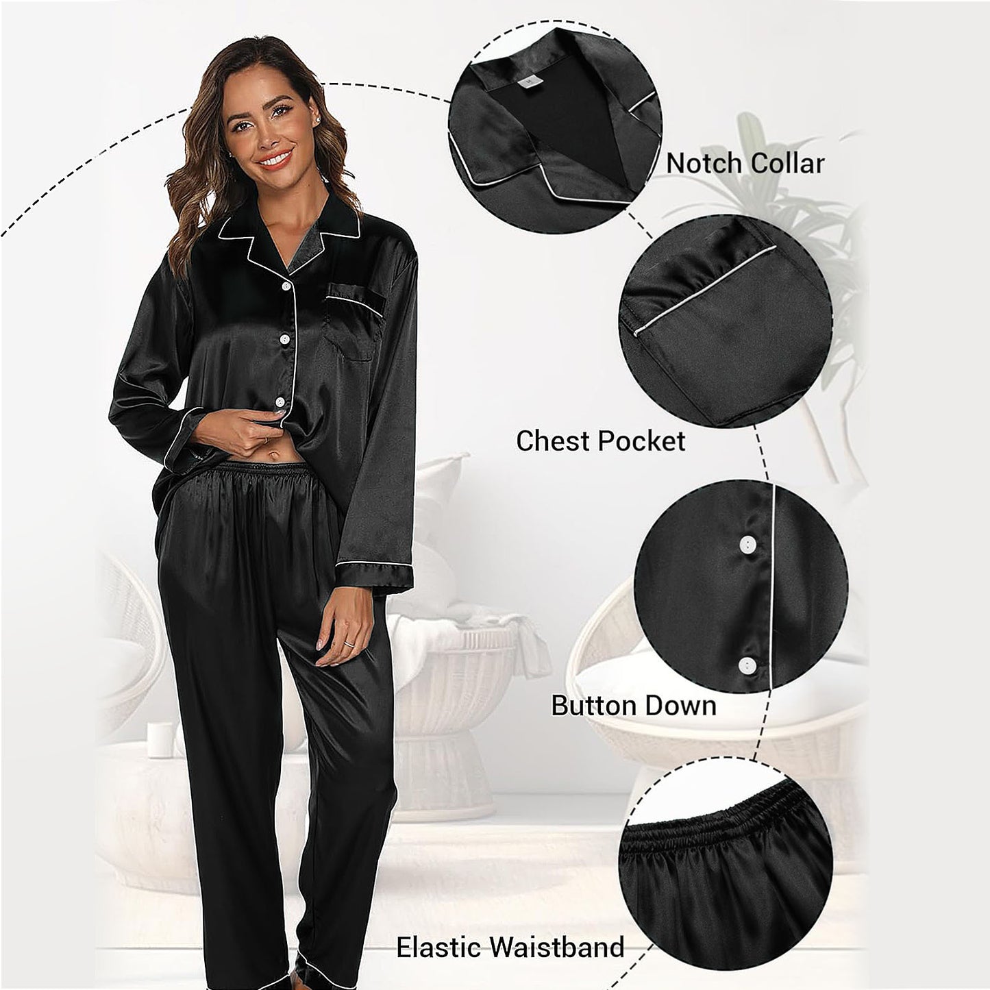 PUTUO Elegant Women's Satin Long-Sleeve Pajama Set - Soft, All-Season Comfort with V-Neck Perfect for Lounging