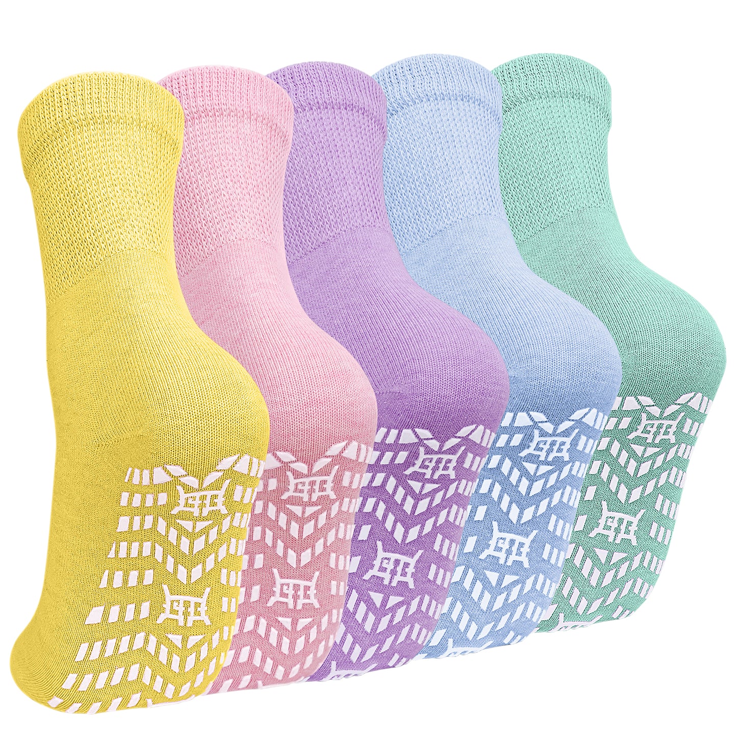 Non Slip Socks for Women, PUTUO Grip Socks, Cotton Crew Socks for Women, Ideal for Yoga, Pilates, Hospital, 5-Pair