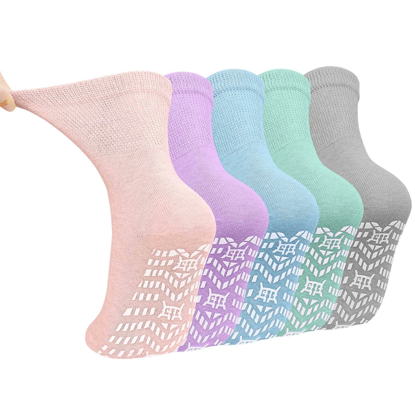 Non Slip Socks for Women, PUTUO Grip Socks, Cotton Crew Socks for Women, Ideal for Yoga, Pilates, Hospital, 5-Pair
