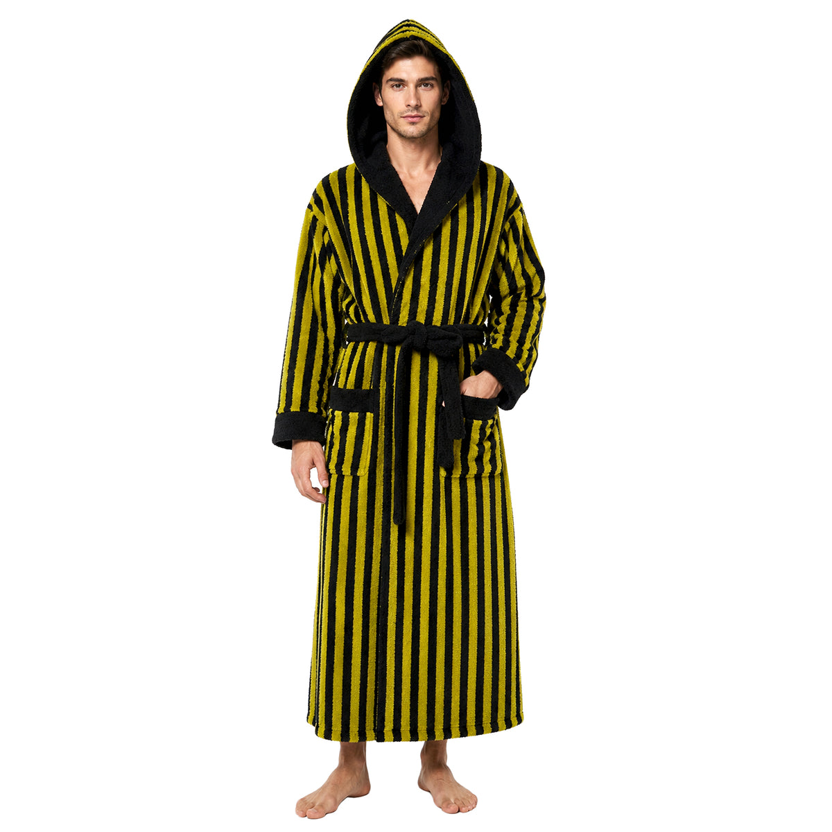 Robes for Men, PUTUO Mens Robe with Hood, Warm Soft Fluffy Long Bath | Color Block Striped Robe for Men with Pocket and Belt for Male Father Husband Festival Winter Gifts