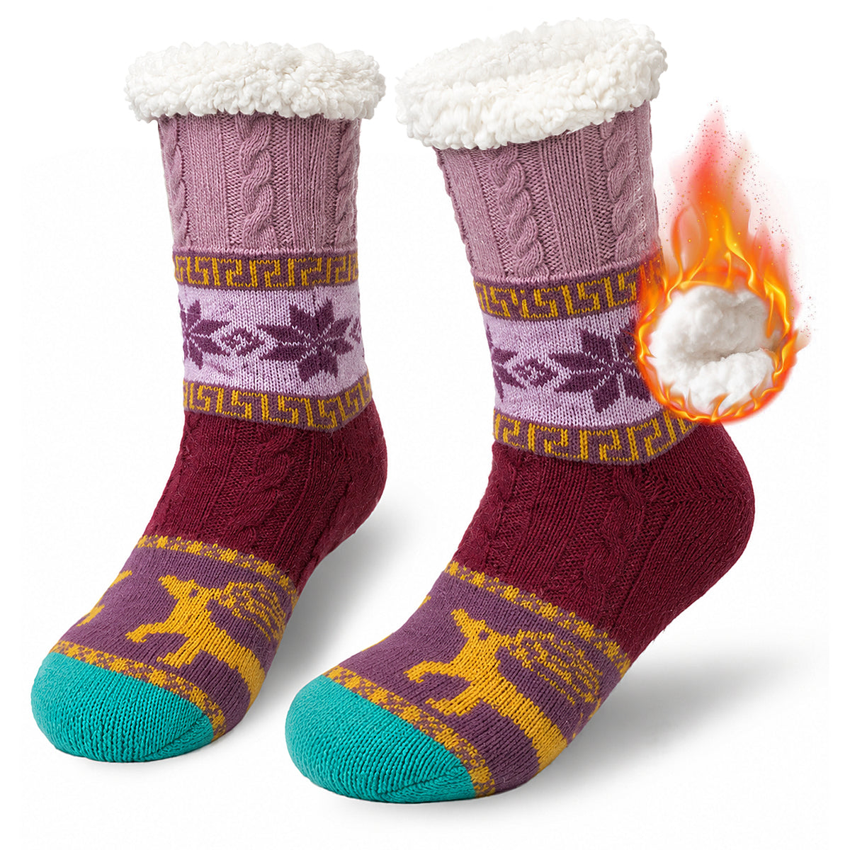 Fuzzy Slipper Socks for Women, PUTUO Warm Non Slip Grip Socks Sherpa-Lined Thick Cozy Fluffy Mid Calf Winter Home Socks