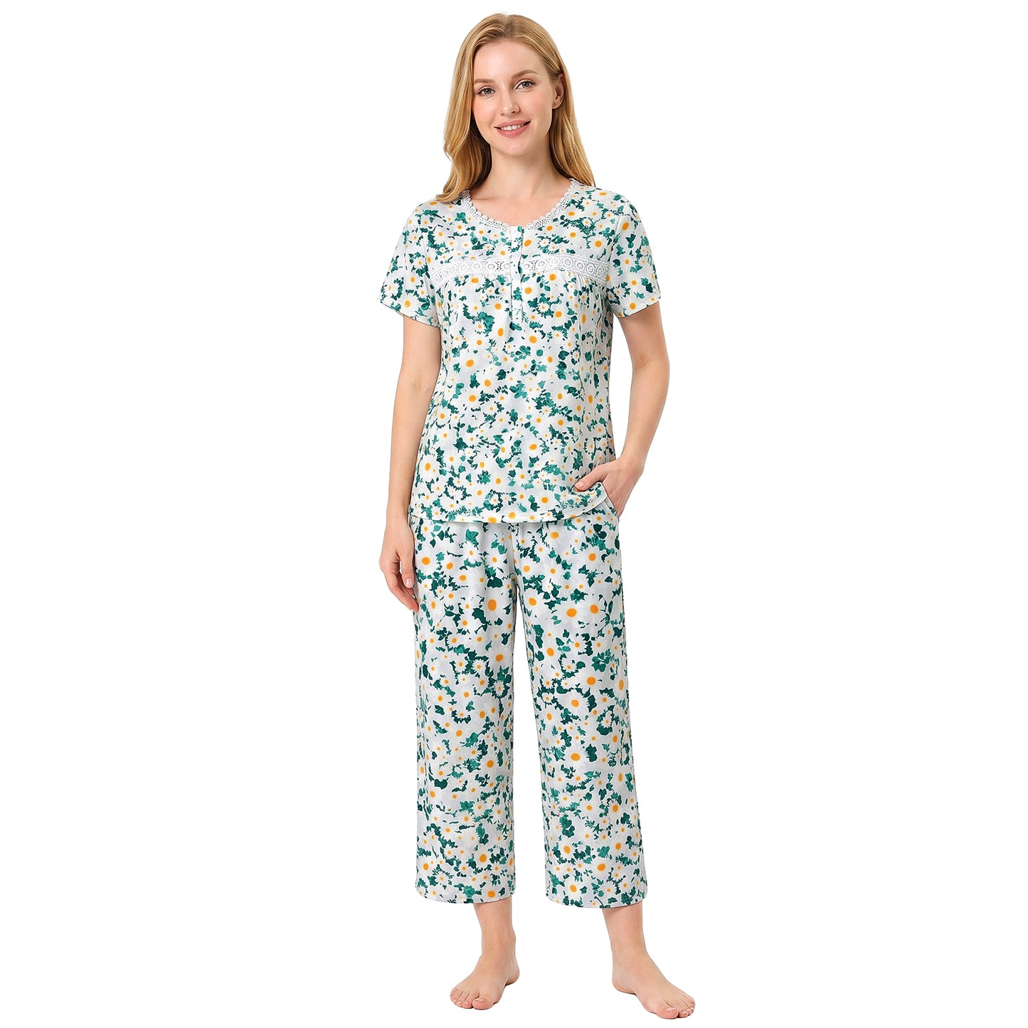 Pajamas for Women, PUTUO Womens Pajama Sets, Soft Summer Sleepwear Round Neck Short Sleeve Top and Capri Pants with Pockets