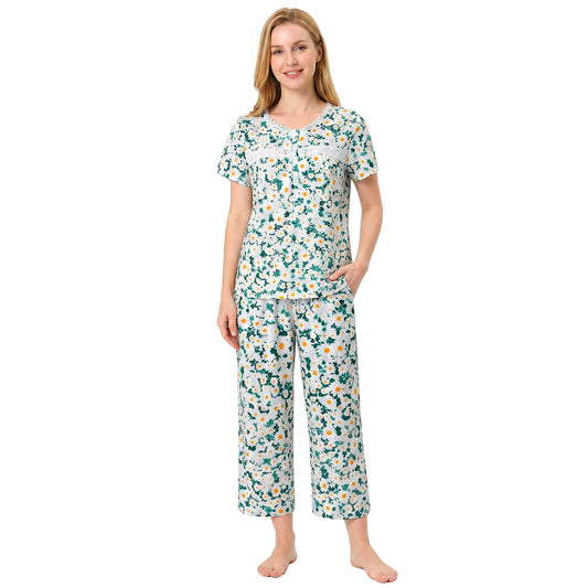 Pajamas for Women, PUTUO Womens Pajama Sets, Soft Summer Sleepwear Round Neck Short Sleeve Top and Capri Pants with Pockets