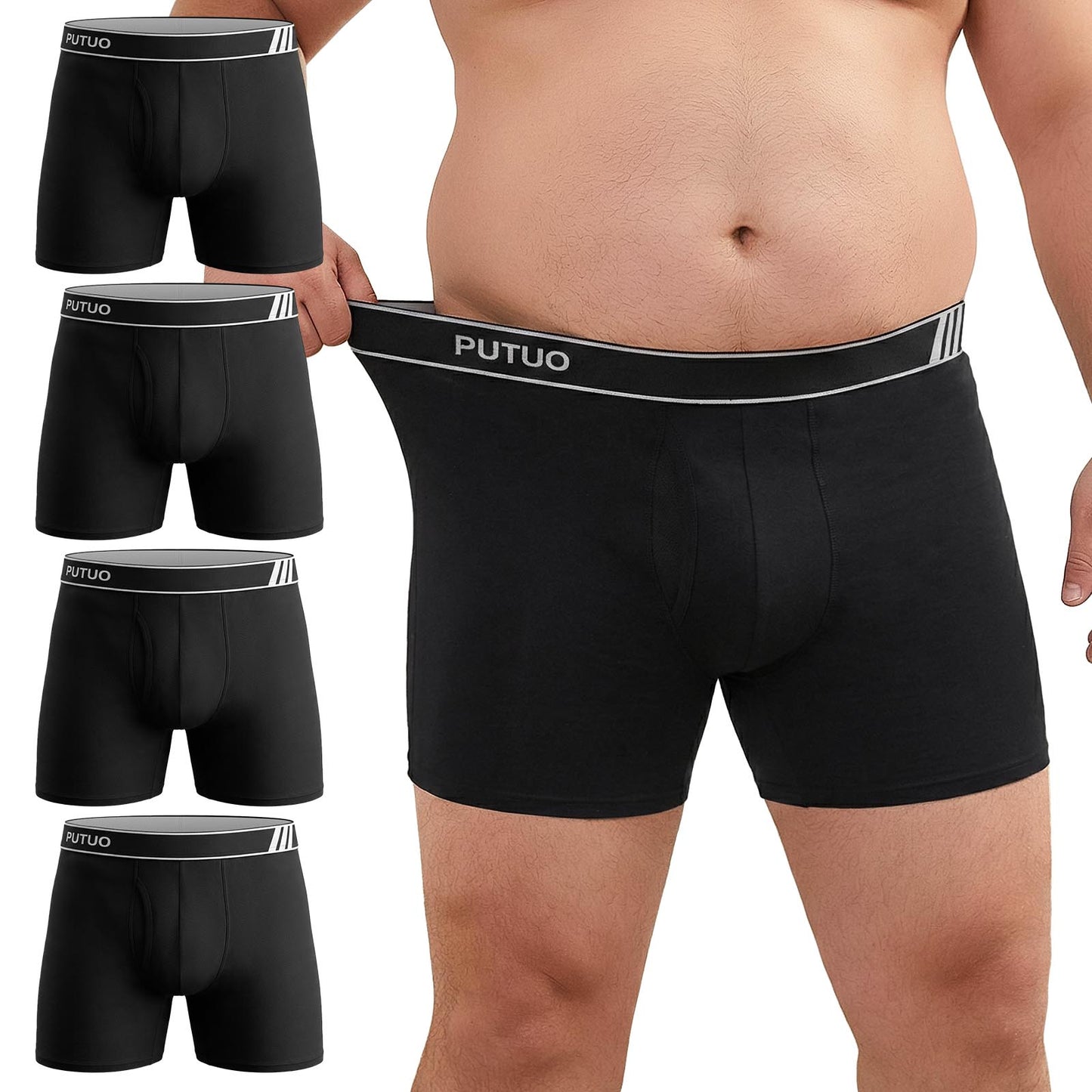 Big and Tall Mens Underwear, PUTUO Mens Boxer Briefs, Comfort Cotton Stretch Classic Design, Length Moisture Wicking Underwear 5-Pack, Black