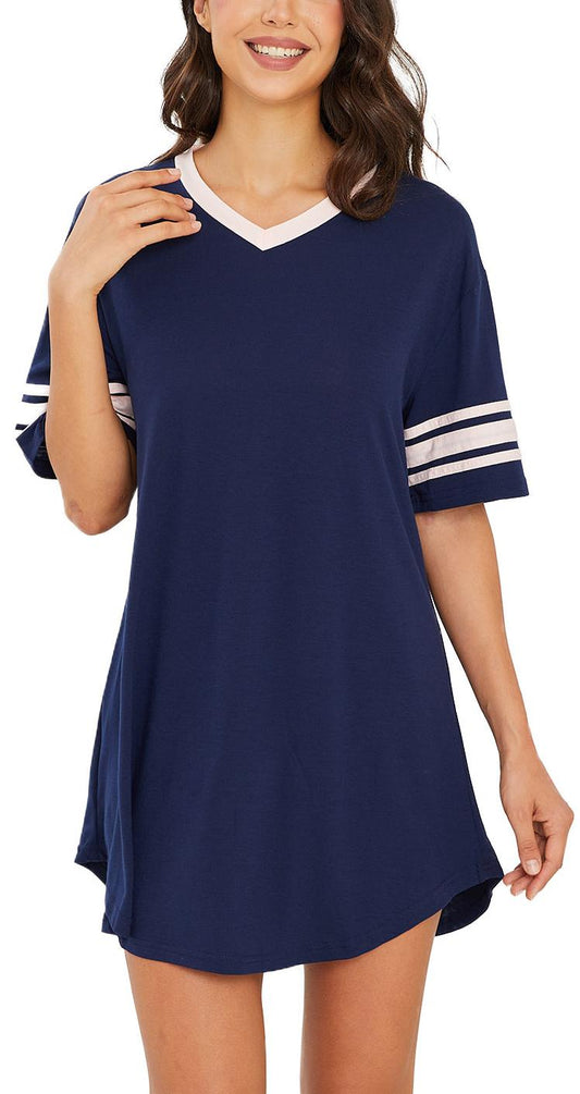 Nightgowns for Women, PUTUO Womens Nightgown, Loose Casual Short Sleeve V Neck Sleepwear Color Block Sleep Shirt