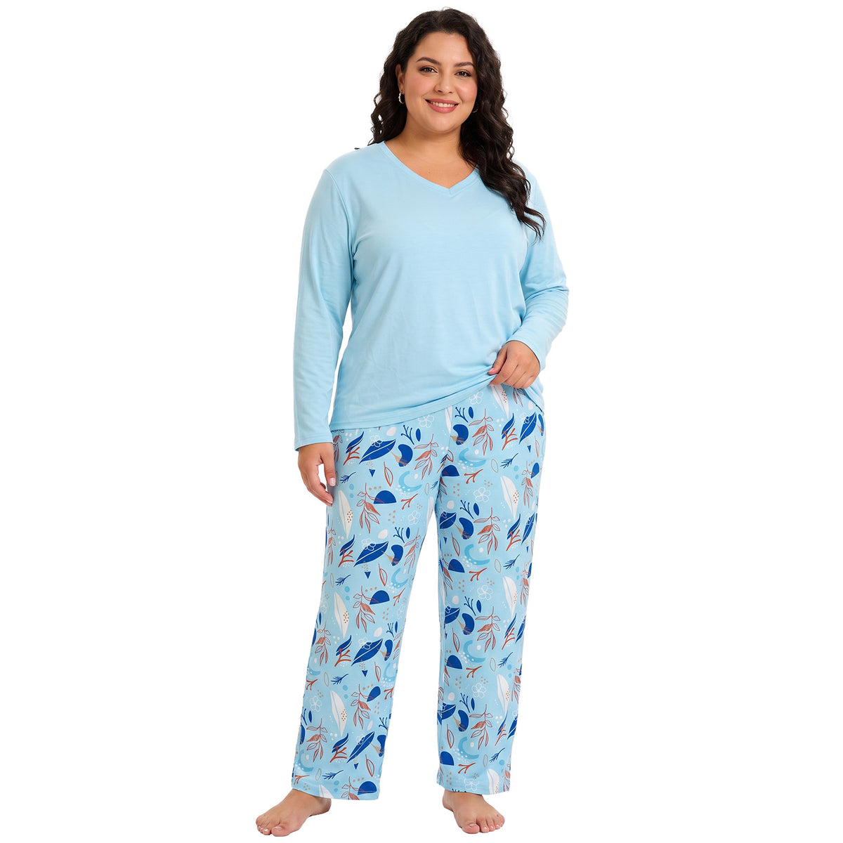 Plus Size Pajamas, PUTUO Women Pajamas Sets for Women, Soft Lightweight Long Sleeve V Neck Pjs Sets, Stretchy Print Sleepwear Loungewear