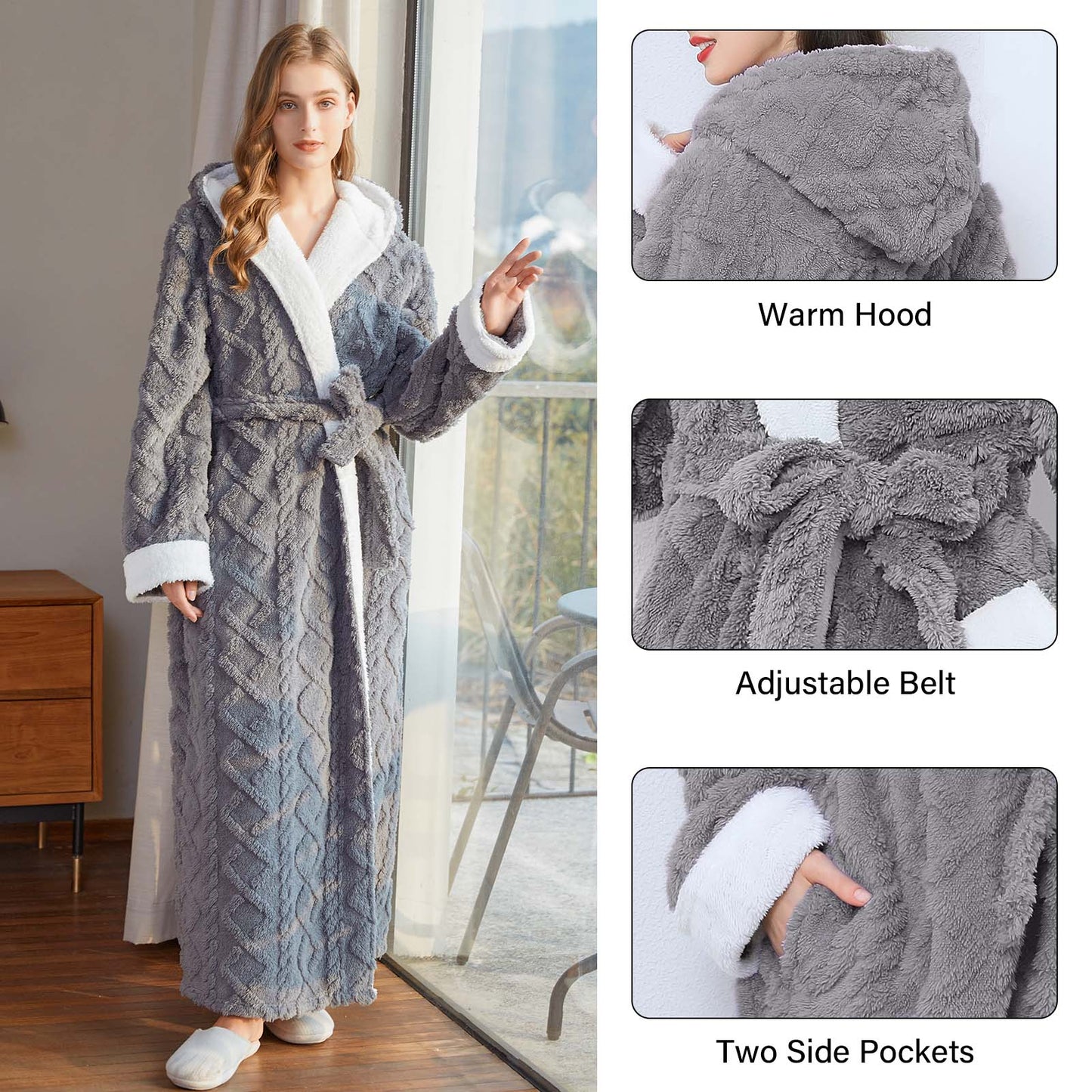 Robes for Women, PUTUO Hooded Womens Robes, Plush Soft Fluffy Long Robe, Comfy Spa Nightgown Housecoat with Side Pocket, Winter Warm Sleepwear Gift for Women