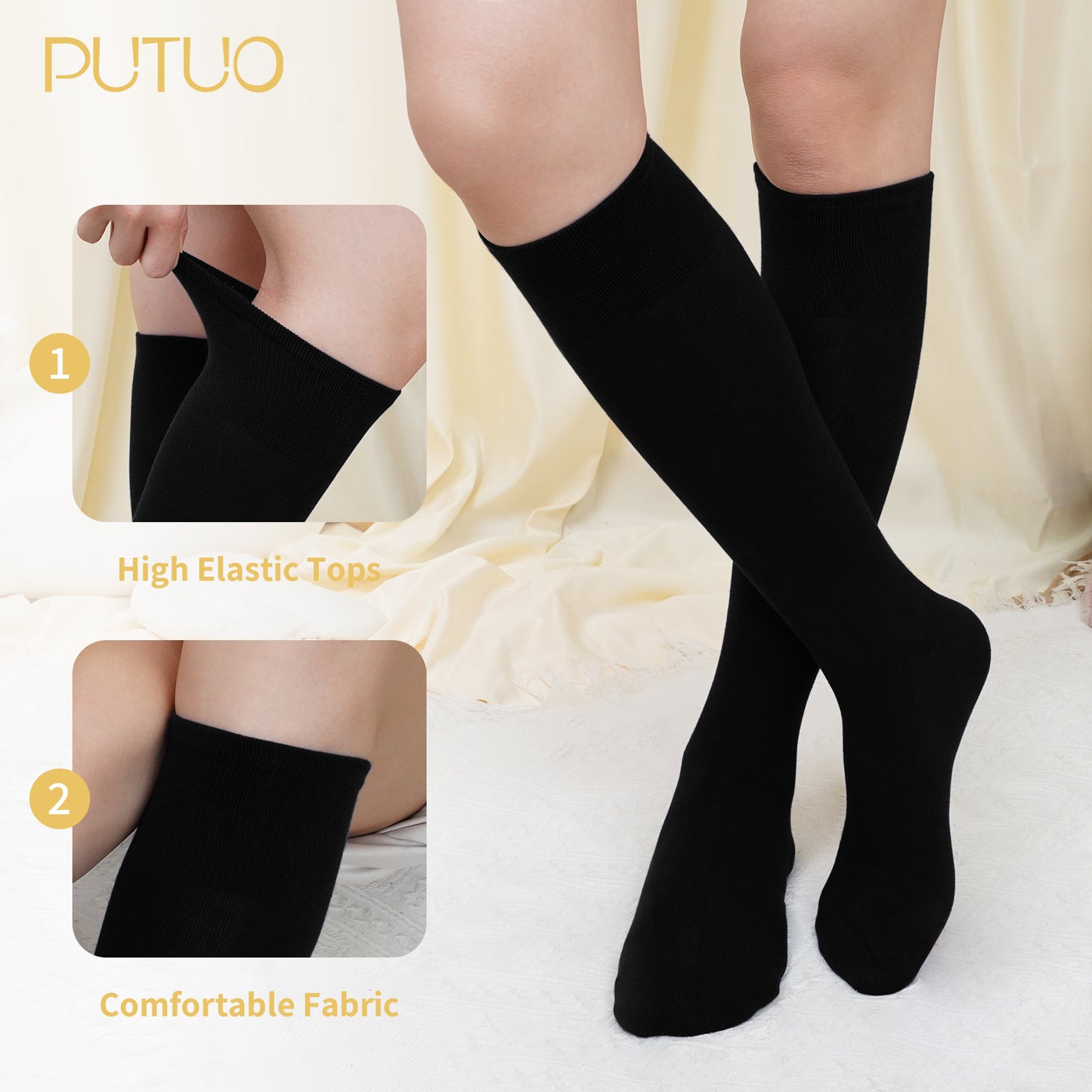 4 Pairs Knee High Socks, PUTUO Casual Comfort Seam Knee High Stockings for Women