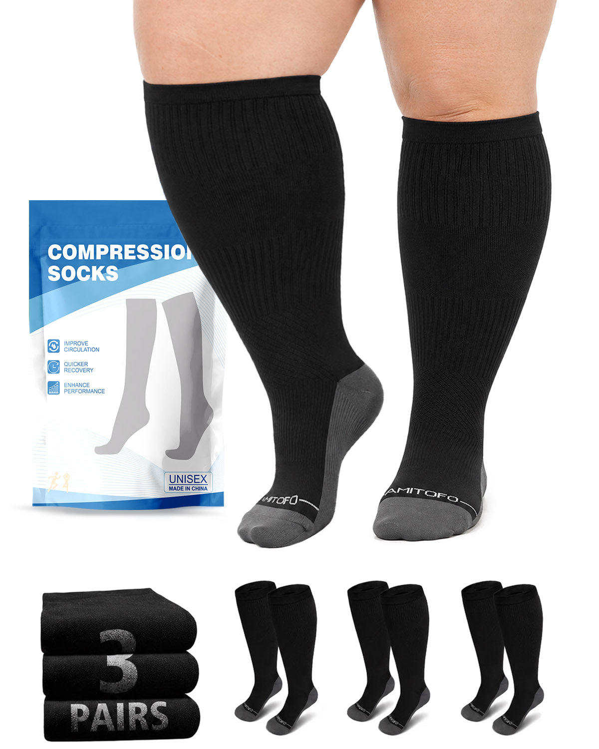 Plus Size Compression Socks, PUTUO Wide Calf Compression Socks 20-30 mmHg for Men Women - Knee High Sports & Health Socks for Varicose Veins Swelling and Circulation, 3 Pack