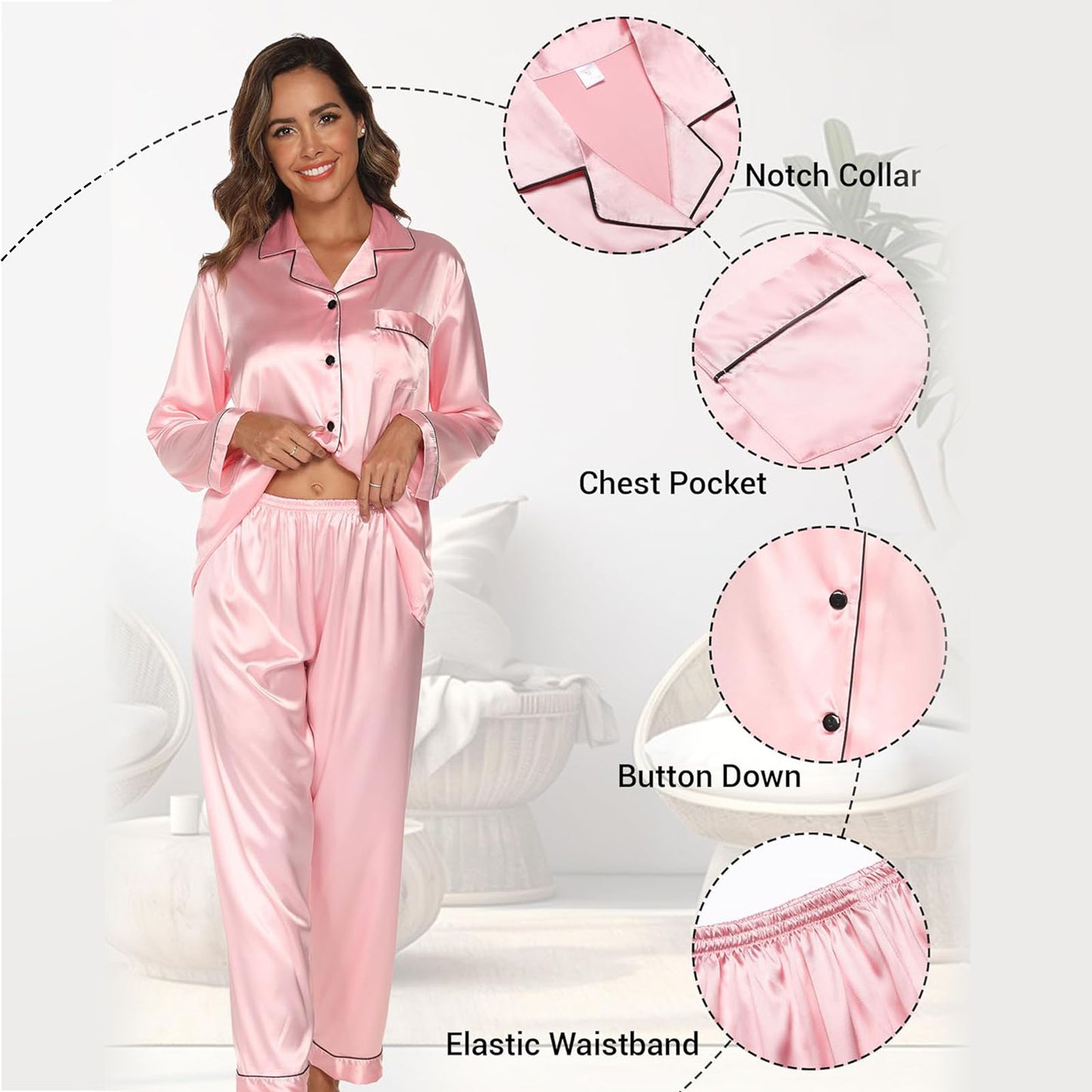 PUTUO Elegant Women's Satin Long-Sleeve Pajama Set - Soft, All-Season Comfort with V-Neck Perfect for Lounging