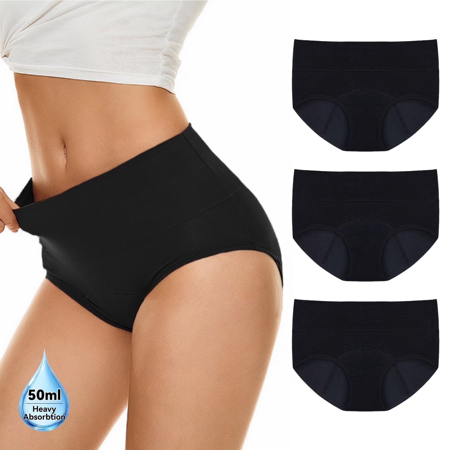 PUTUO Period Underwear for Women, Leakproof High Waisted Cotton Period Panties, Soft Breathable Postpartum Maternity Menstrual Underwear with Full Coverage Protection, 3 Pack