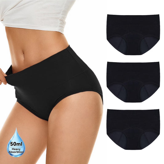 PUTUO Period Underwear for Women, Leakproof High Waisted Cotton Period Panties, Soft Breathable Postpartum Maternity Menstrual Underwear with Full Coverage Protection, 3 Pack