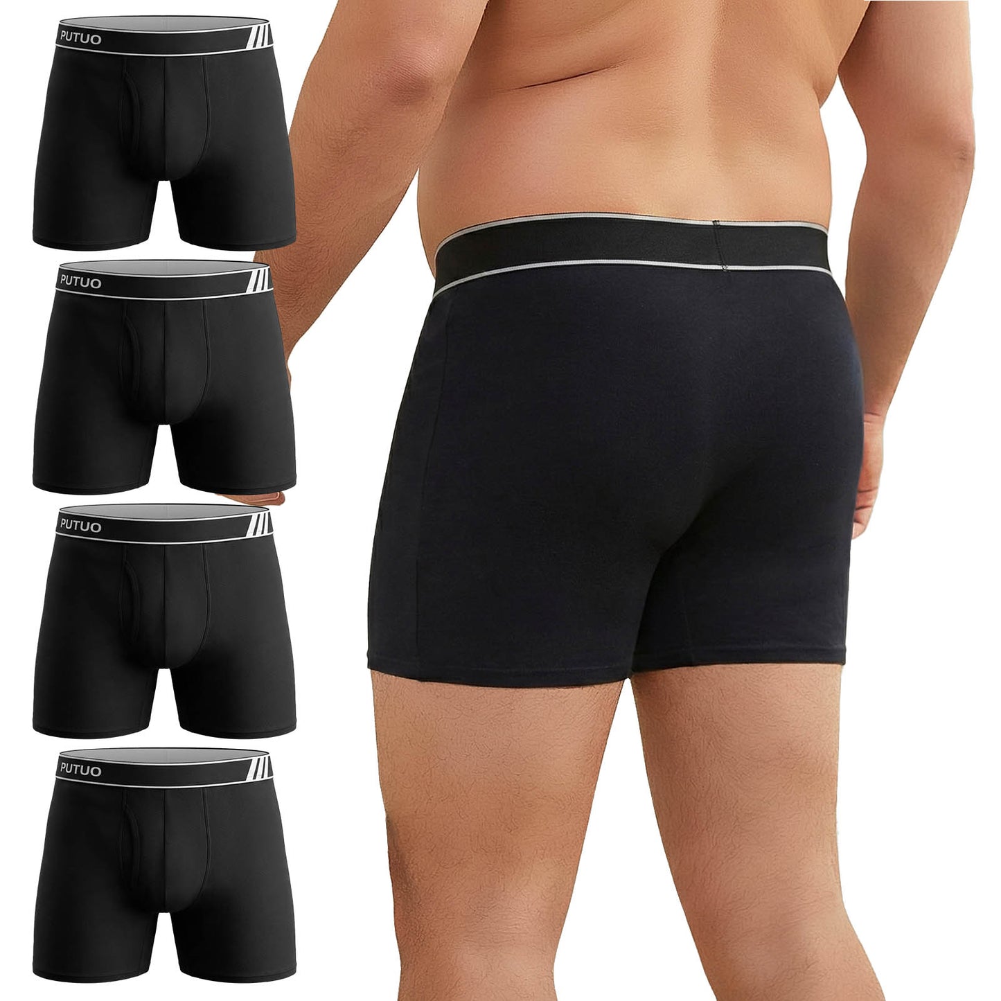Big and Tall Mens Underwear, PUTUO Mens Boxer Briefs, Comfort Cotton Stretch Classic Design, Length Moisture Wicking Underwear 5-Pack, Black