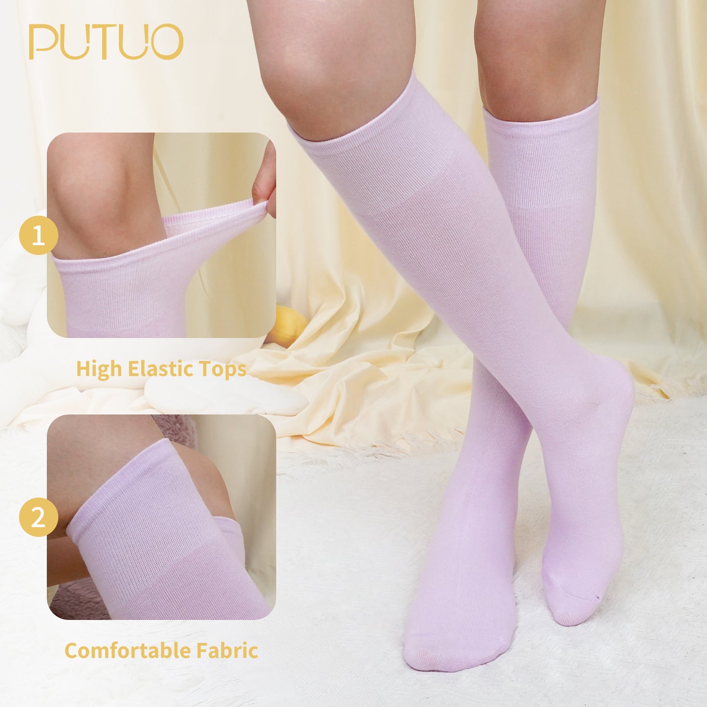 4 Pairs Knee High Socks, PUTUO Casual Comfort Seam Knee High Stockings for Women