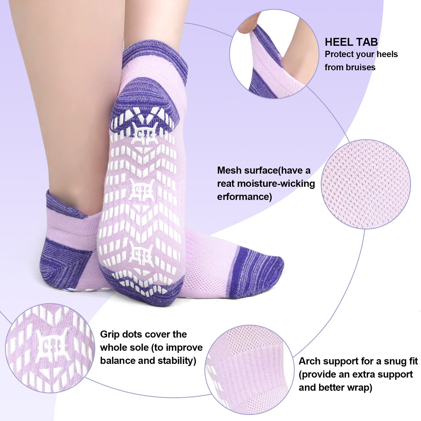 Grip Pilates Socks for Women, PUTUO Non Slip Yoga Sock, Gripper Socks for Athletic Pilates Ballet Workout Hospital, 6 Pairs