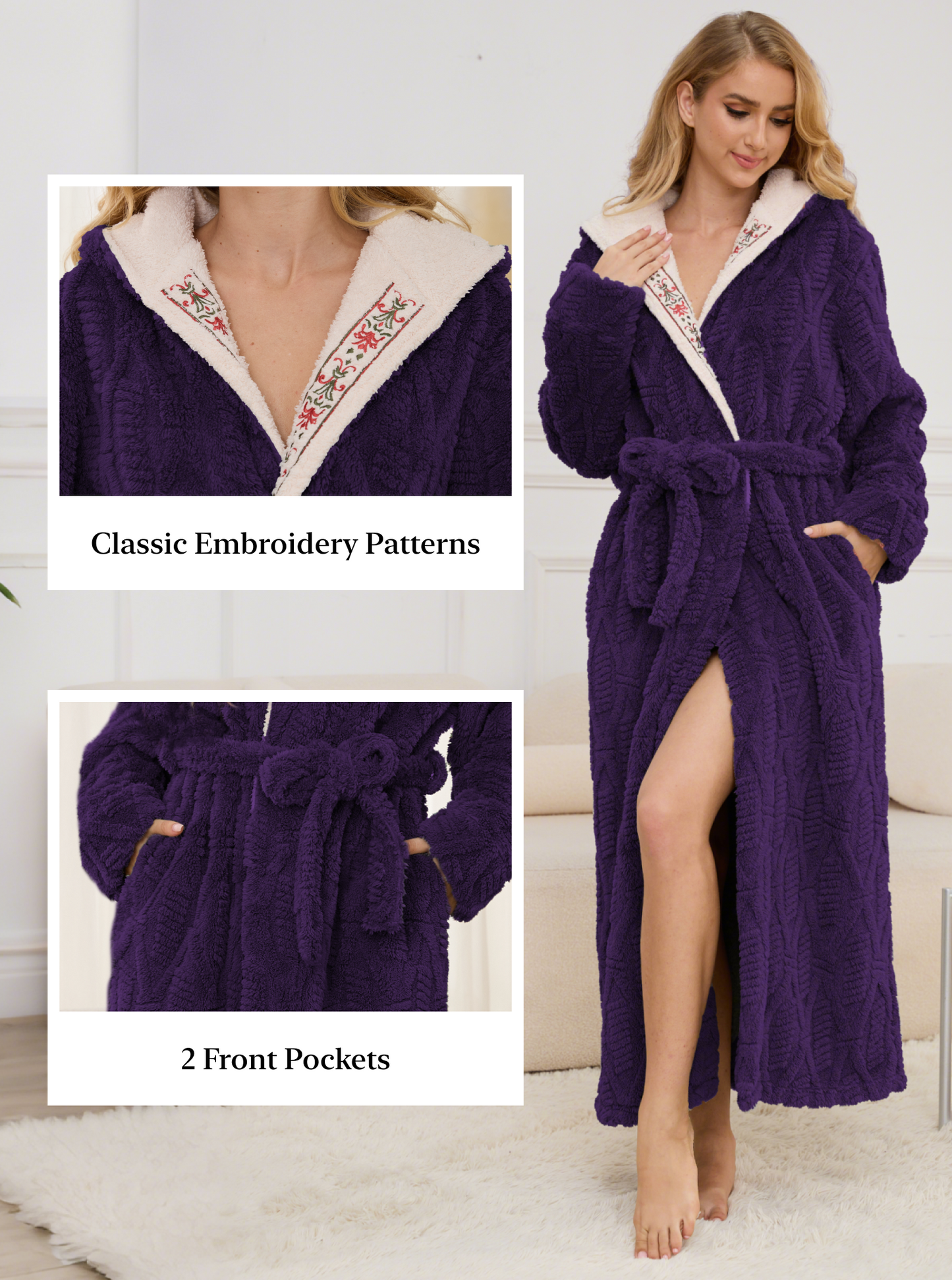 Robes for Women, PUTUO Hooded Womens Robes, Plush Soft Fluffy Long Robe, Comfy Spa Nightgown Housecoat with Side Pocket, Winter Warm Sleepwear Gift for Women