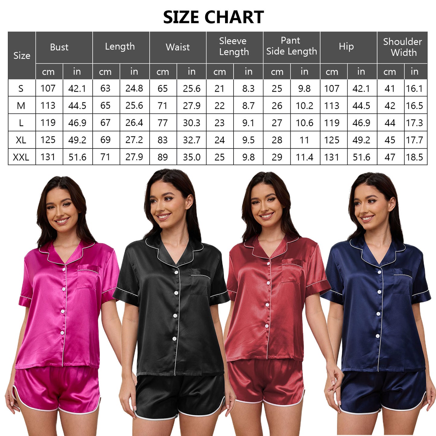 Silk Satin Pajama Set for Women, PUTUO 2 Piece Womens Pajama sets, Summer Soft Button Down Loungewear Pajama Shorts Set
