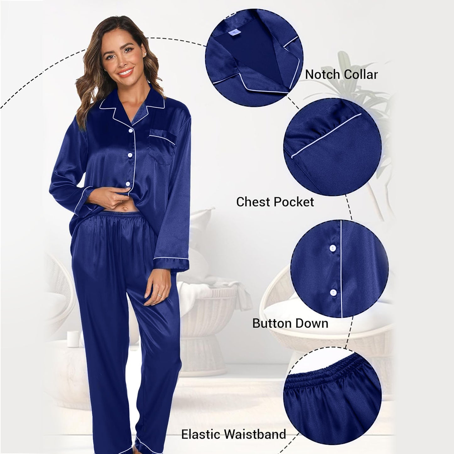 PUTUO Elegant Women's Satin Long-Sleeve Pajama Set - Soft, All-Season Comfort with V-Neck Perfect for Lounging