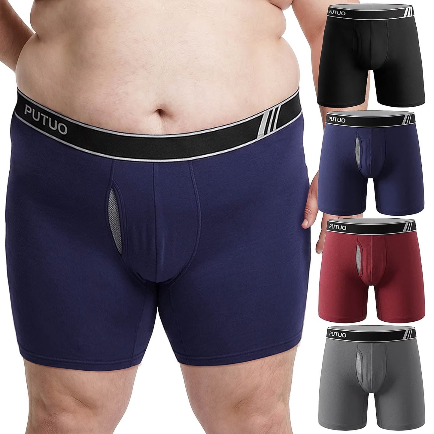 Big and Tall Mens Underwear, PUTUO Mens Boxer Briefs, Comfort Cotton Stretch Classic Design, Length Moisture Wicking Underwear 5-Pack, Black