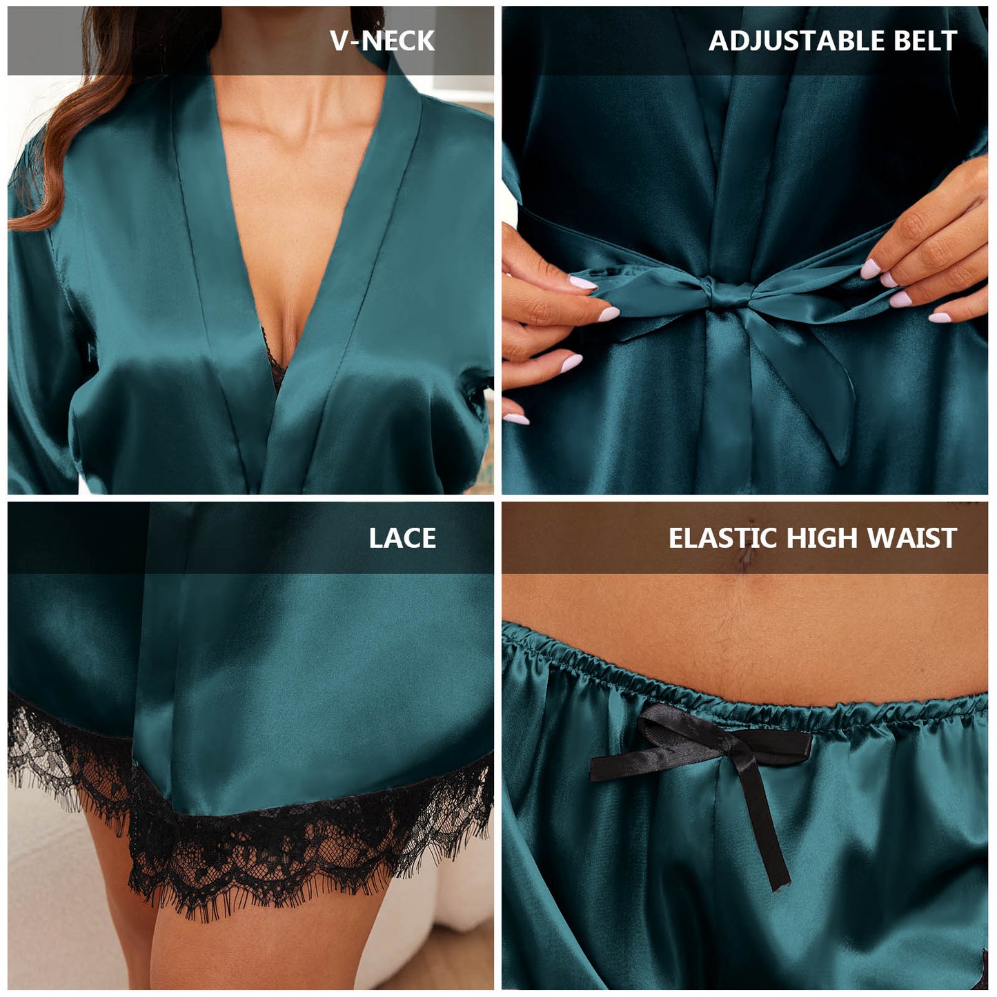 Satin Pajamas for Women, PUTUO Womens Lingerie Floral Lace Trim Cami with Robe, Pajama Sets for Women 4pcs Sleepwear